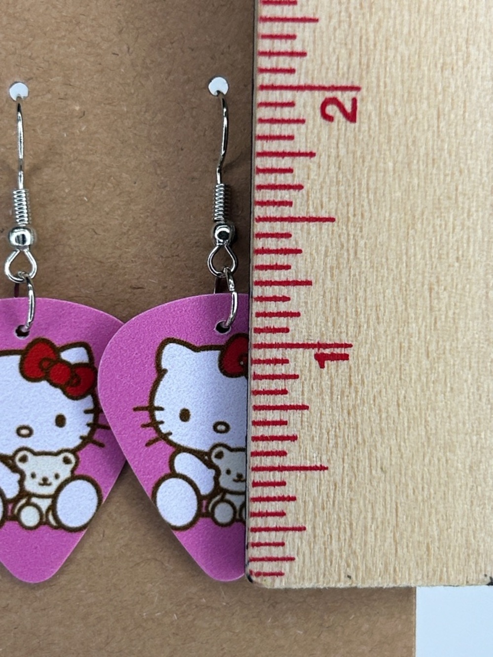 Hello Kitty Pink Guitar Pick Earrings with Red Bow Fashion Jewelry - Picture 2 of 3